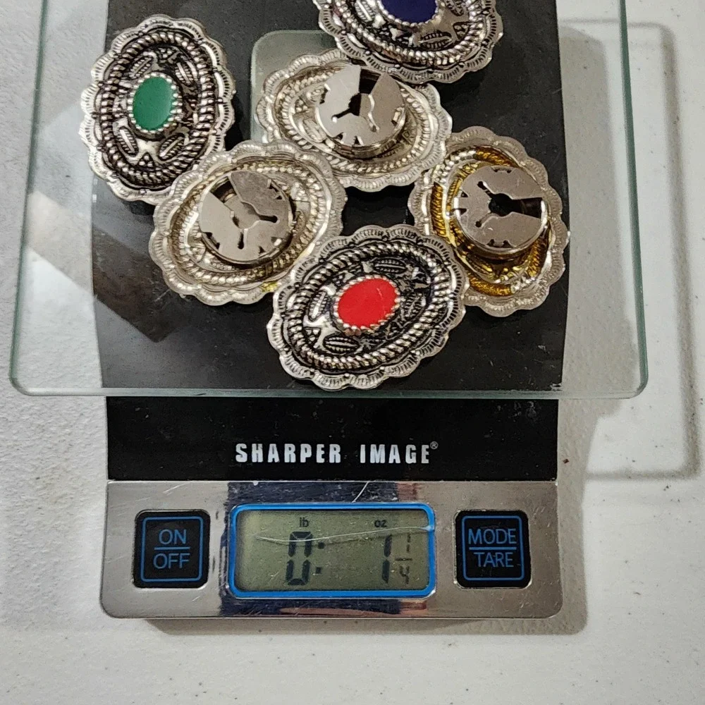 6pc Western Silver Tone Concho button covers Colorful Cabochon Set Southwestern